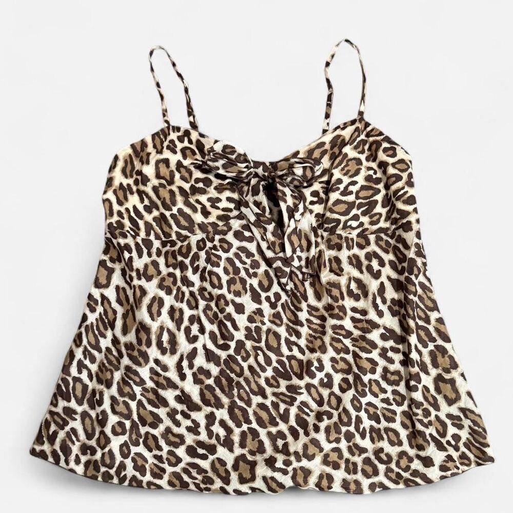 VTG Y2K Brown 100% Cotton Sheer Leopard Print Tie Front Lightweight Cami Top - Picture 6 of 8